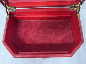 Fabulous vintage vibrant red leather jewellery box unusual shape