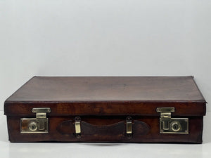 Adorable antique solid chocolate brown leather small suitcase large briefcase