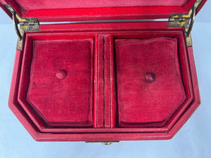 Fabulous vintage vibrant red leather jewellery box unusual shape