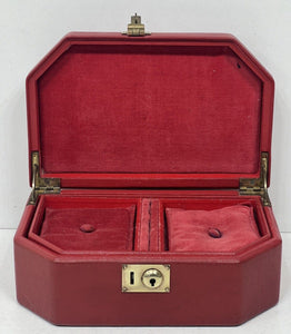 Fabulous vintage vibrant red leather jewellery box unusual shape