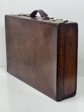 Load image into Gallery viewer, Adorable antique solid chocolate brown leather small suitcase large briefcase
