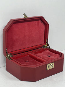 Fabulous vintage vibrant red leather jewellery box unusual shape