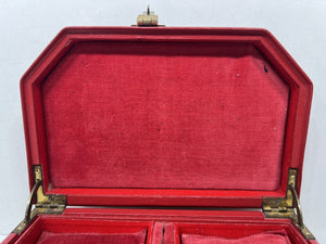 Fabulous vintage vibrant red leather jewellery box unusual shape