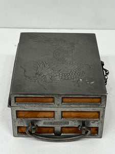Antique Chinese "Kut Hing" swatow pewter and teak lift-top TRINKET JEWELLERY box