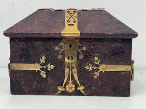 UNUSUAL vintage antique Spanish leather & brass cigar casket / box humidor + KEY