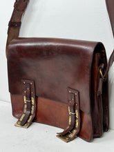 Load image into Gallery viewer, VINTAGE LEATHER MESSENGER BAG LAPTOP BRIEFCASE WITH SHOULDER STRAP LOTS OF BRASS
