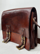 Load image into Gallery viewer, VINTAGE LEATHER MESSENGER BAG LAPTOP BRIEFCASE WITH SHOULDER STRAP LOTS OF BRASS
