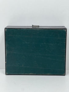 vintage dark green oak grain leather sewing / jewellery trinket box