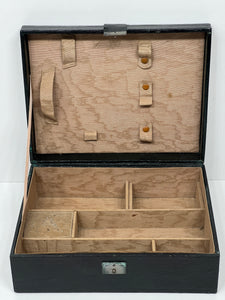 vintage dark green oak grain leather sewing / jewellery trinket box