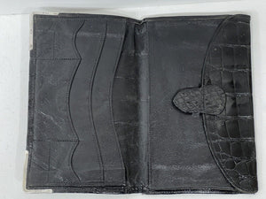 Handsome vintage black crocodile skin leather wallet with solid silver corners