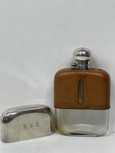 Load image into Gallery viewer, Antique  leather and silver plated large hip flask James Dixon &amp; Sons c.1900
