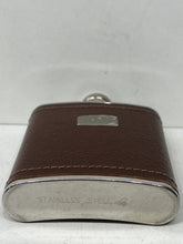 Load image into Gallery viewer, Vintage brown leather stainless steel pocket size hip flask hunting shooting
