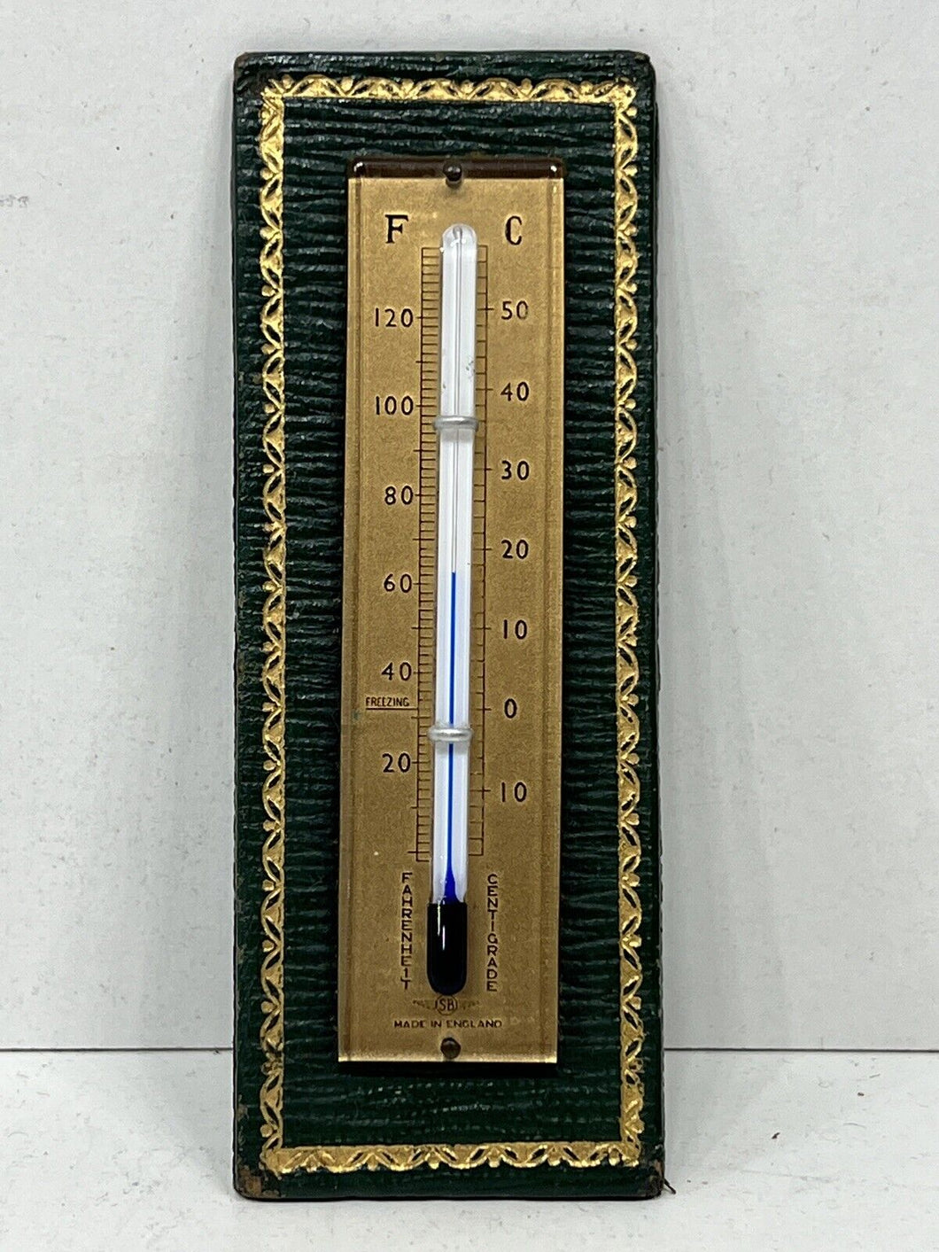 Beautiful vintage green leather thermometer by SB made in England