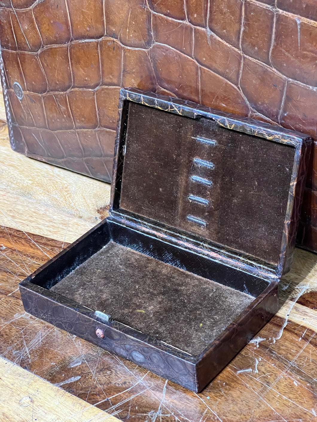 Beautiful Vintage Genuine Crocodile Leather Miniature Jewellery Trinket  Box