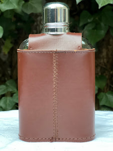beautiful vintage leather cased glass hunting shooting hip flask with shot cup