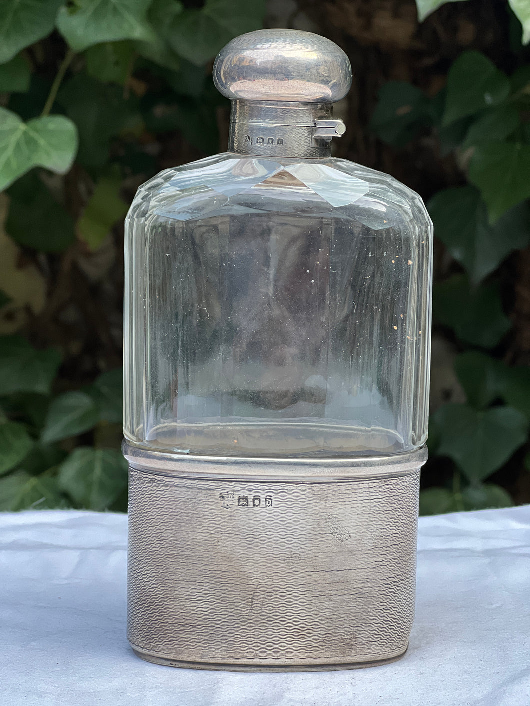 Vintage Antique Drew & Sons solid Silver  Cut Glass Spirit Hip flask 1920 dented