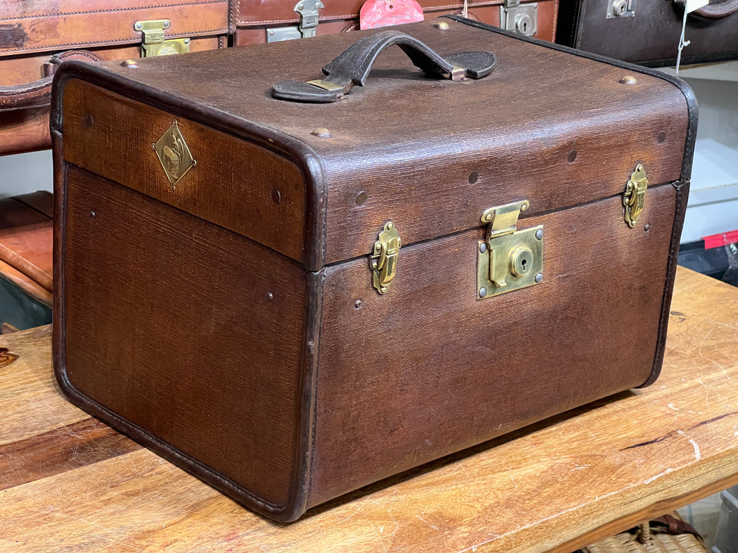 Beautiful Vintage Antique Brown Canvas, Leather & Brass Hatbox Hat Case