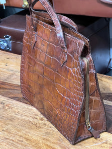 Vintage Antique Crocodile Hide Leather Top Handle Kelly Handbag