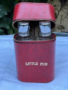 Spectacular VINTAGE little pub Glass spirit Bottles In Red leather case hunting
