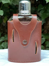 Load image into Gallery viewer, beautiful vintage leather cased glass hunting shooting hip flask with shot cup
