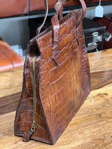 Vintage Antique Crocodile Hide Leather Top Handle Kelly Handbag