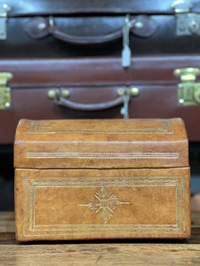Beautiful Unusual Vintage Antique Tan Leather gilt tooled Jewellery dresser  Box
